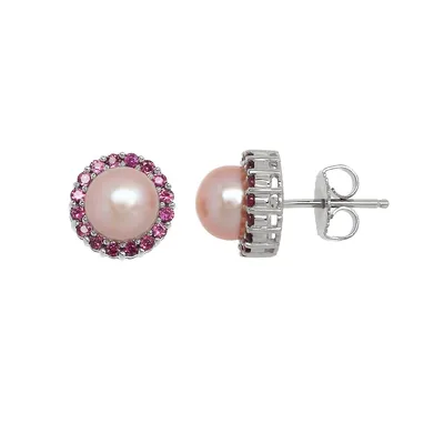 Boucles d’oreilles halo roses avec perle et grenat de Rhodolite