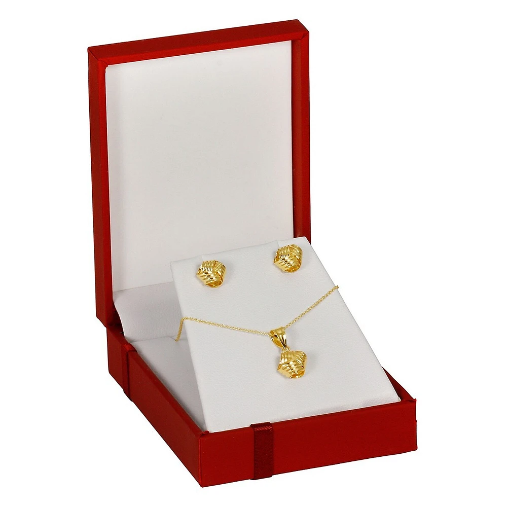 14K Yellow Gold Ribbed Loveknot Necklace and Earrings Box Set