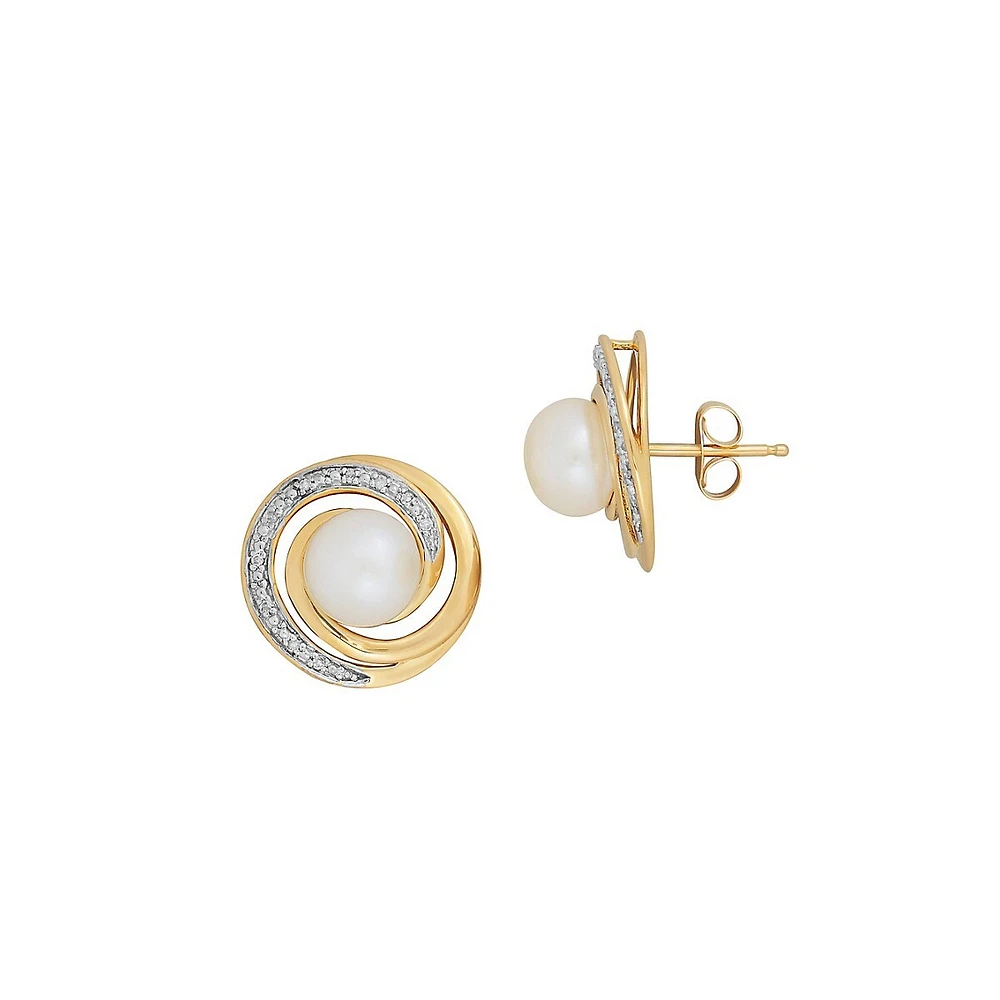 7MM Freshwater Pearl, 0.044 CT. T.W. Diamonds and 14K Yellow Gold Swirl Stud Earrings