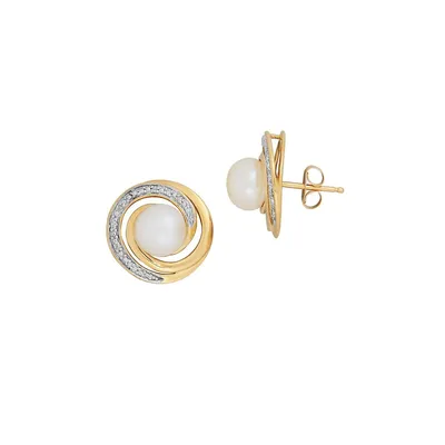7MM Freshwater Pearl, 0.044 CT. T.W. Diamonds and 14K Yellow Gold Swirl Stud Earrings