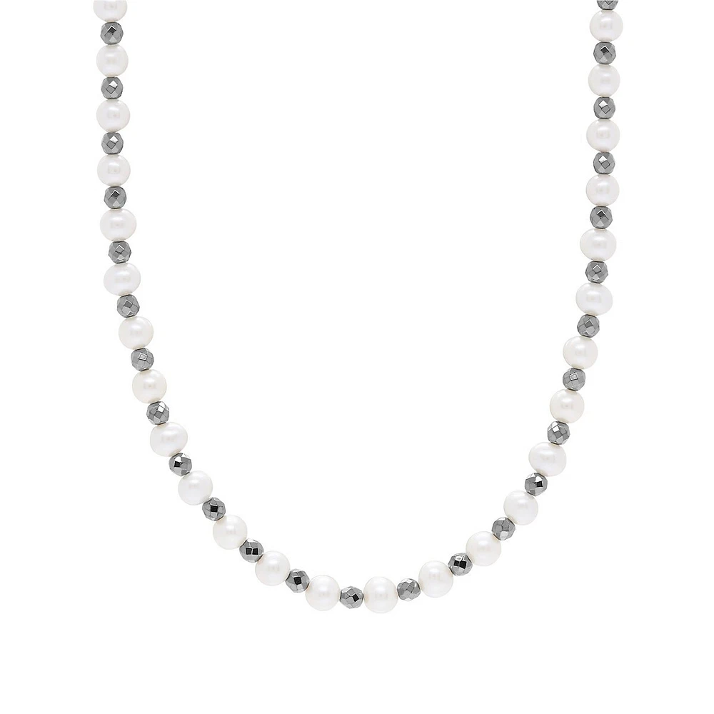 6-6.5MM Freshwater Pearl and Black Hematite Station Necklace