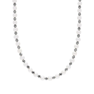 6-6.5MM Freshwater Pearl and Black Hematite Station Necklace