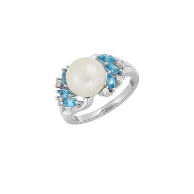 Bague en argent sterling avec perle d'eau douce de 9 à 10 mm, topazes bleues et topazes blanches