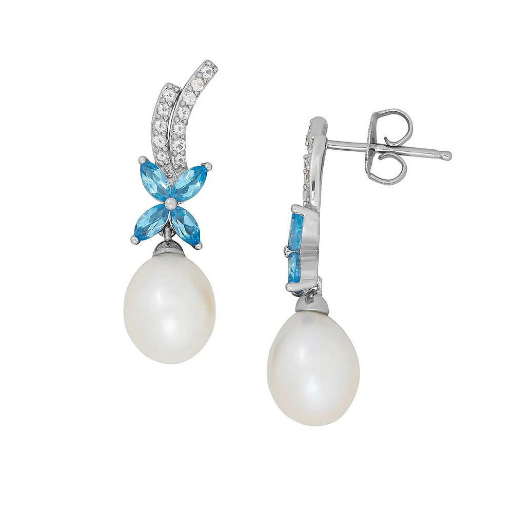 7-8MM Freshwater Pearl, Blue Topaz, White Topaz and Sterling Silver Drop Earrings