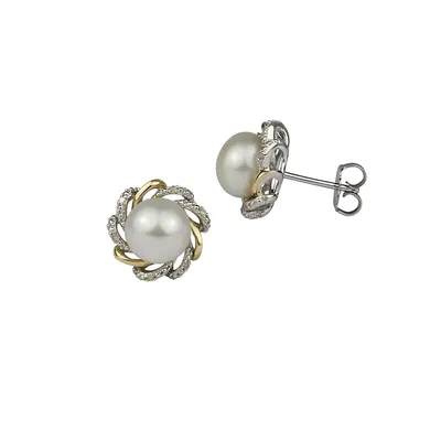 8MM White Button Freshwater Pearl and 14K Yellow Gold Flower Stud Earrings with 0.03 TCW Diamond