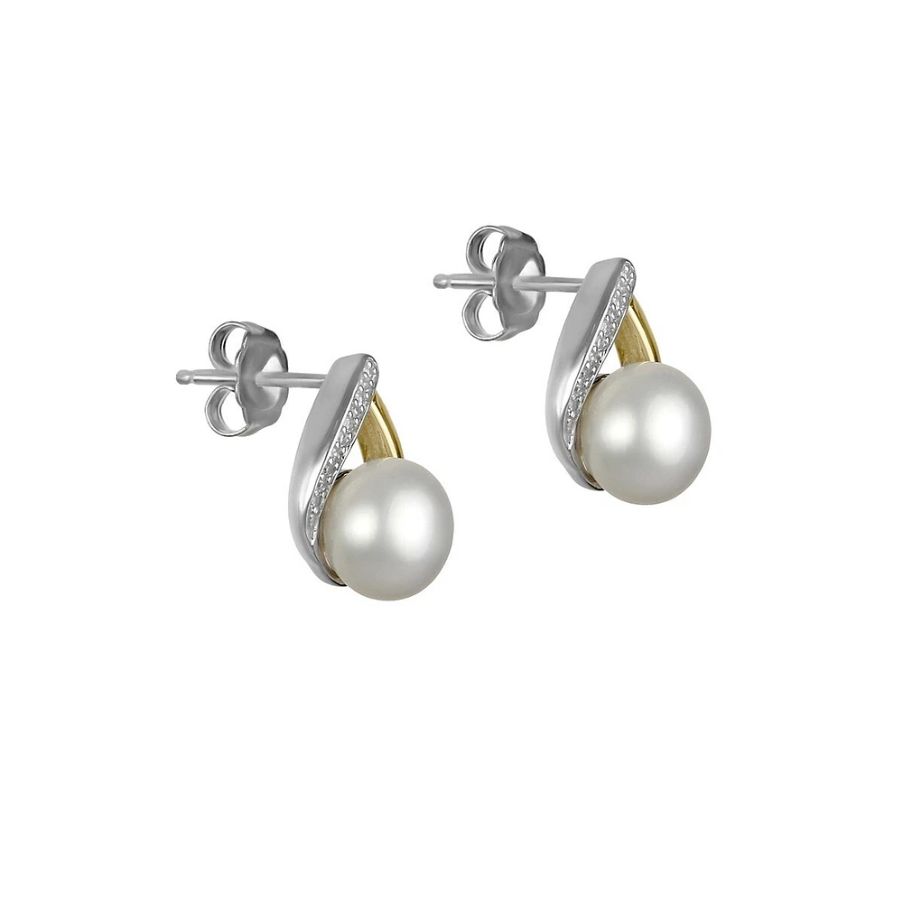 8MM White Button Freshwater Pearl and 14K Yellow Gold Pearl Earrings with 0.06 CT. T.W. Diamonds