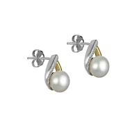 8MM White Button Freshwater Pearl and 14K Yellow Gold Pearl Earrings with 0.06 TCW Diamonds