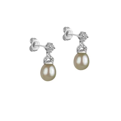 7MM Off-White Oval Freshwater Pearl, Diamond and Sterling Silver Drop Earrings