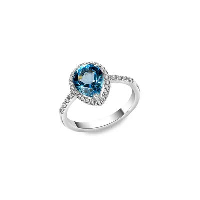 Bague en argent sterling avec topaze bleue suisse et saphirs blancs synthétiques