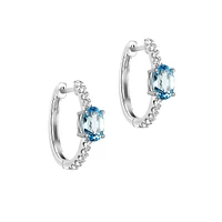 Sterling Silver, Swiss Blue Topaz & White Topaz Hoop Earrings