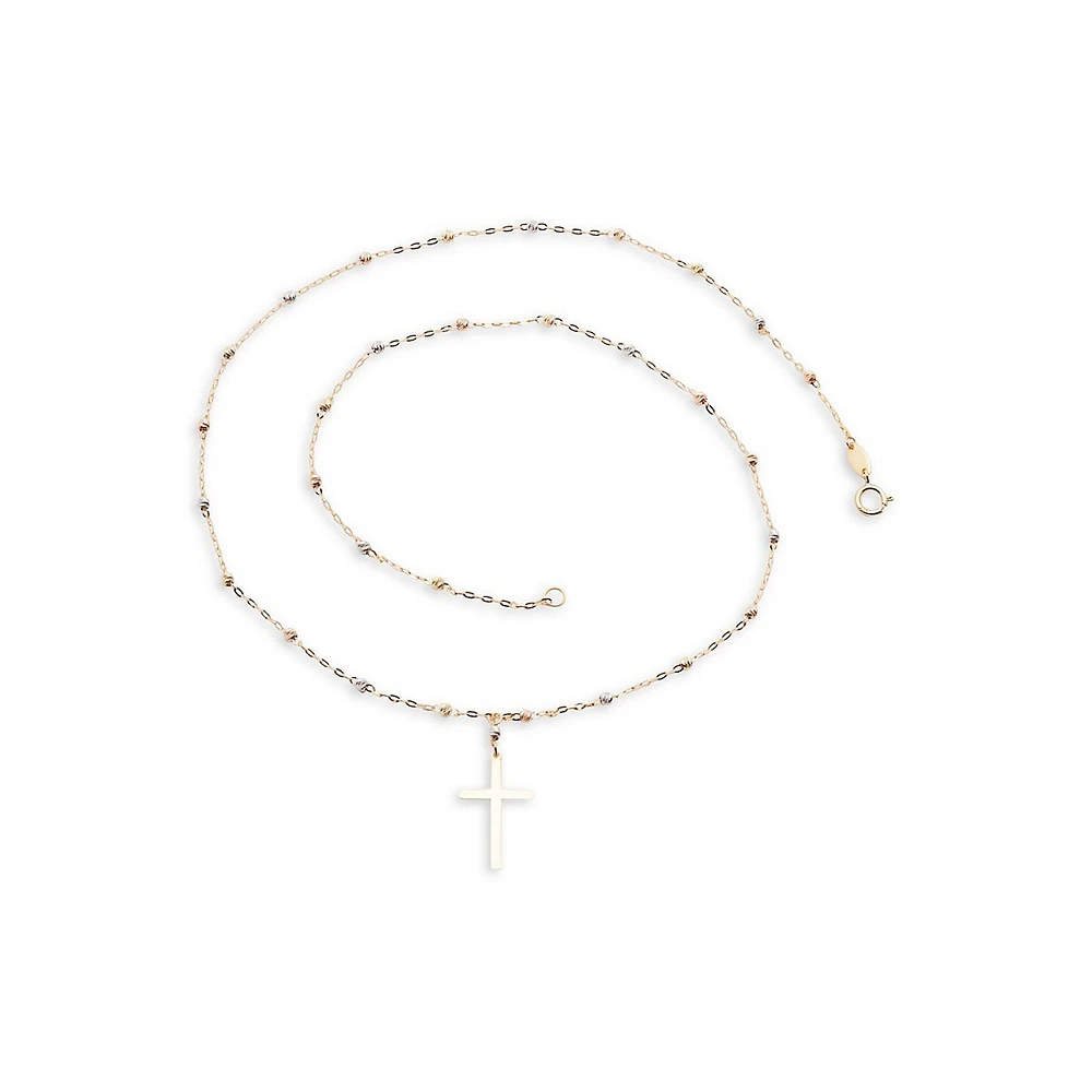 10K Tri-Tone Gold Beaded Cross Pendant Necklace