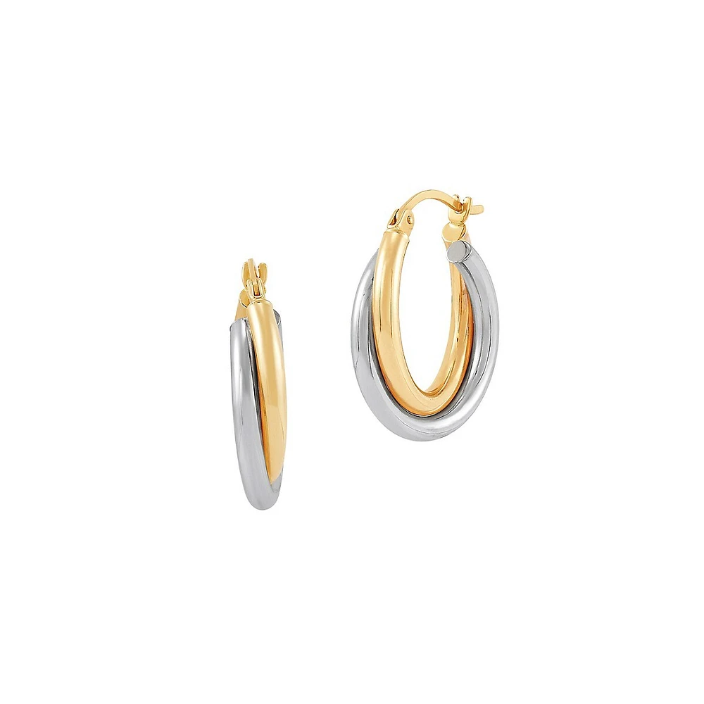 14 K Yellow Gold et Rhodium-Plated Crossover Hoop Earrings