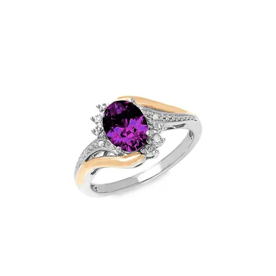 Sterling Silver, 10KT Yellow Gold, Amethyst & 0.012 CT. T.W. Diamond Ring