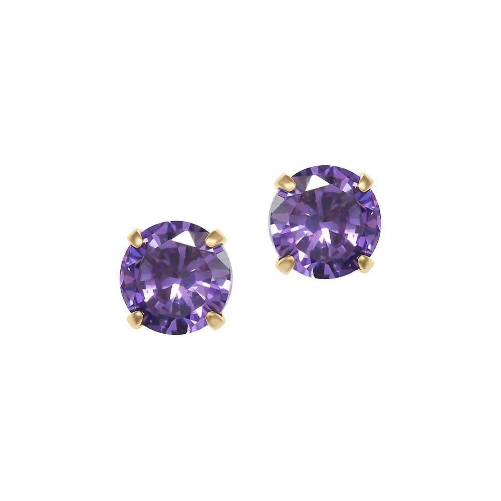 14K Yellow Gold & Amethyst Cubic Zirconia February Birthstone Stud Earrings