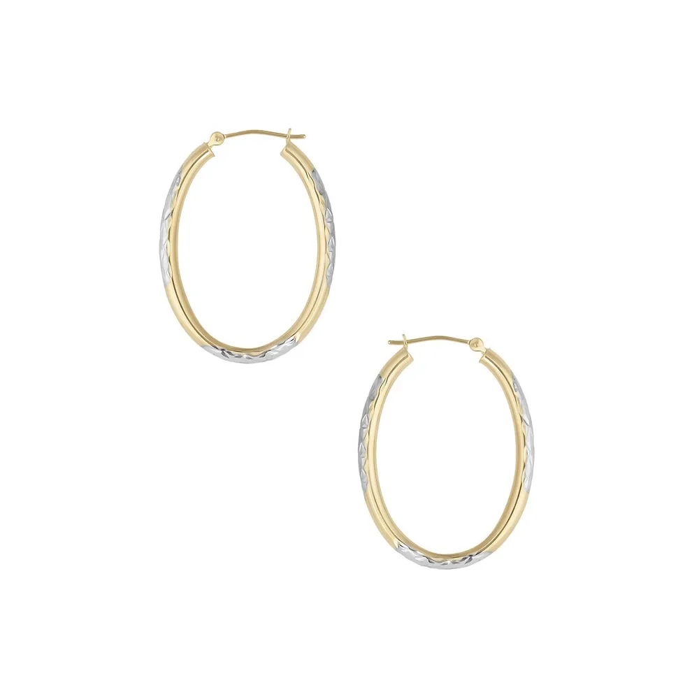 14K Yellow Gold & Rhodium-Plated Embossed Oval Hoop Earrings