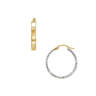 14K Yellow Gold & Diamond-Cut Rhodium Hoop Earrings