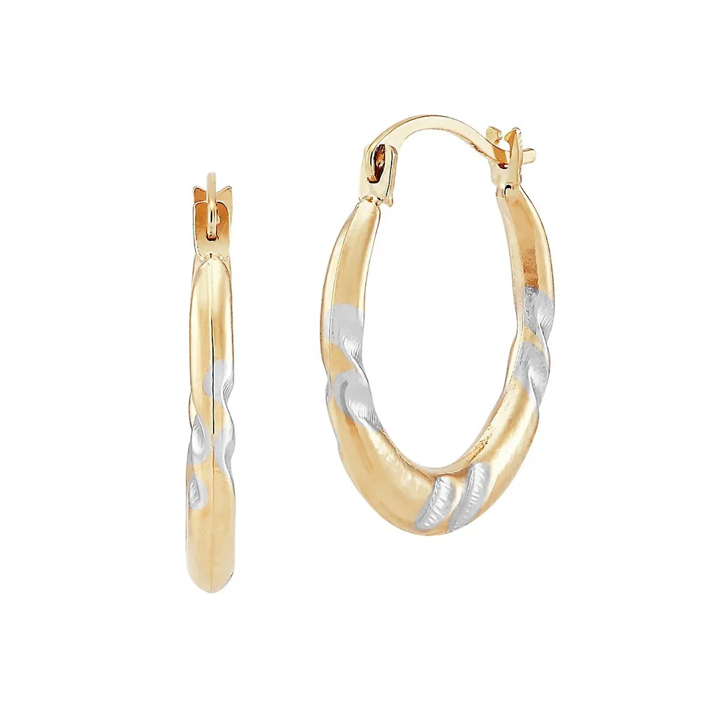 14K Yellow Gold & Silvertone Ripple Hoop Earrings