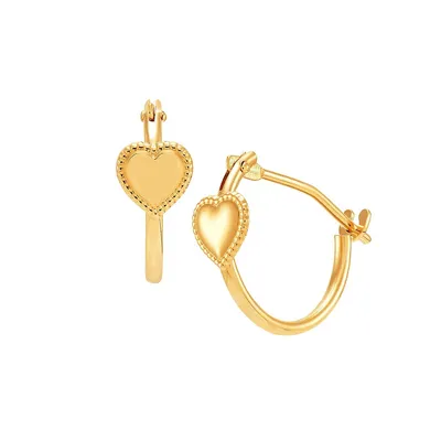 14K Yellow Gold Beaded Heart Hoop Earrings