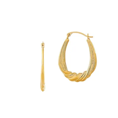 14K Yellow Gold Textured Oval Hoop Earrings