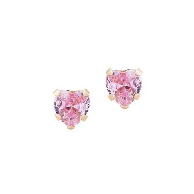 14K Yellow Gold & Pink Cubic Zirconia Heart Stud Earrings
