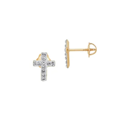 14K Yellow Gold & Crystal Cross Stud Earrings