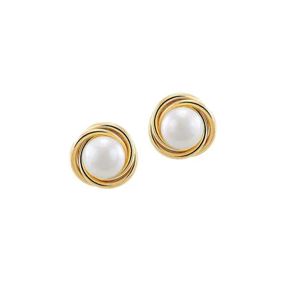 14K Yellow Gold & 6MM Freshwater Button Pearl Love Knot Earrings