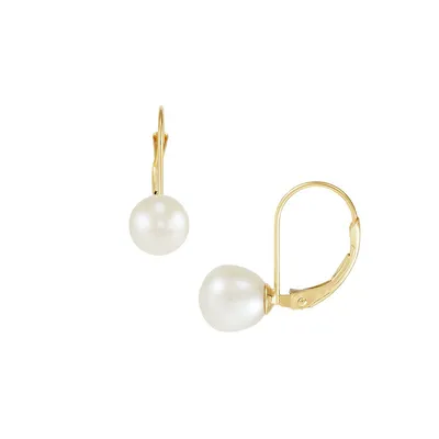 14K Yellow Gold & 7.5-7.75MM Cultured Freshwater Pearl Leverback Earrings