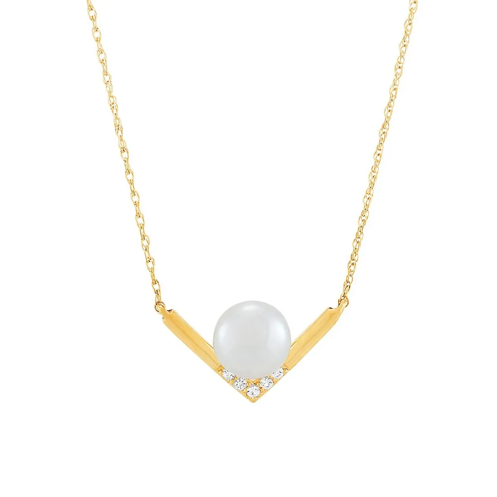 10K Yellow Gold, 6.5MM-7MM Cultured Freshwater Pearl & White Topaz V-Bar Pendant Necklace