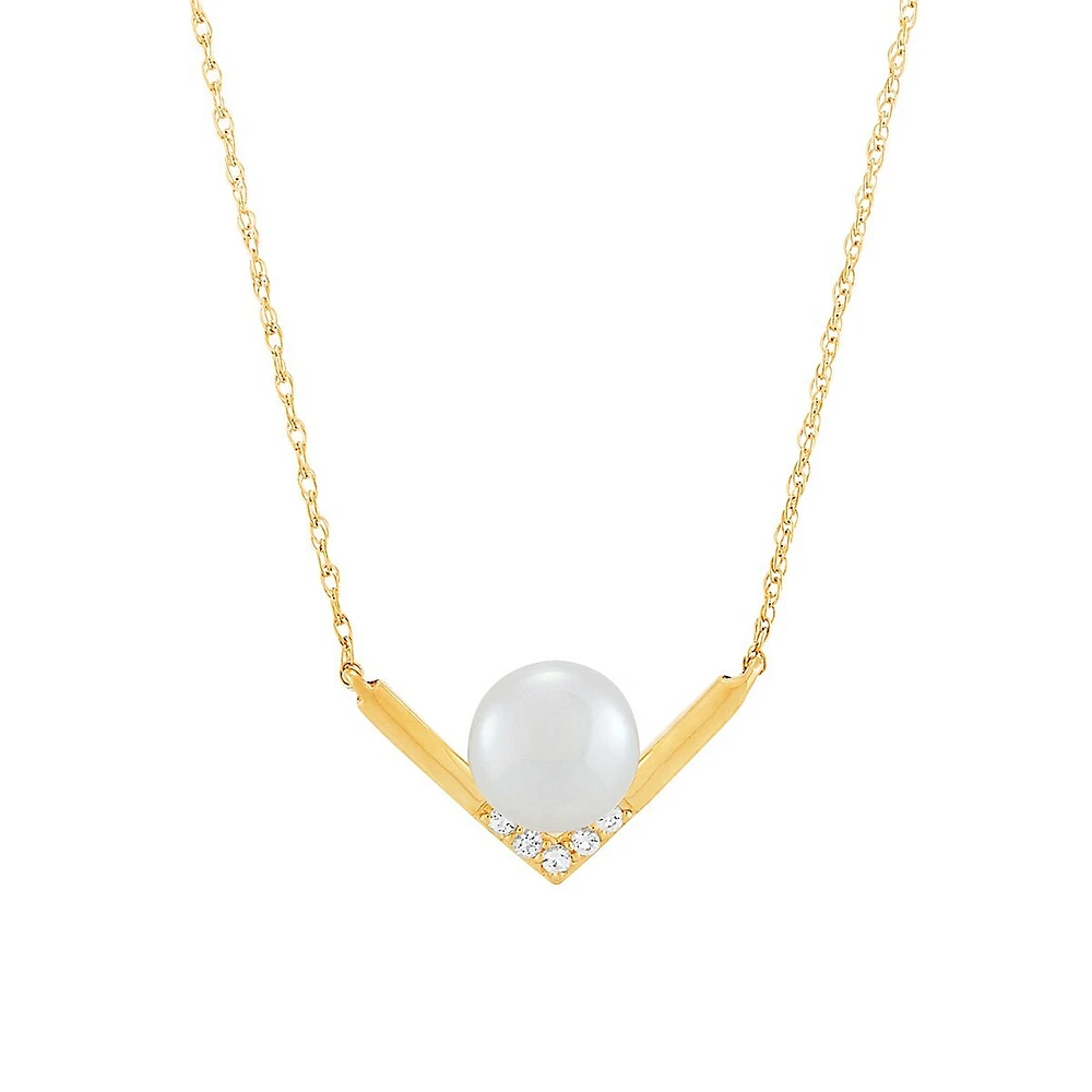 10K Yellow Gold, 6.5MM-7MM Cultured Freshwater Pearl & White Topaz V-Bar Pendant Necklace