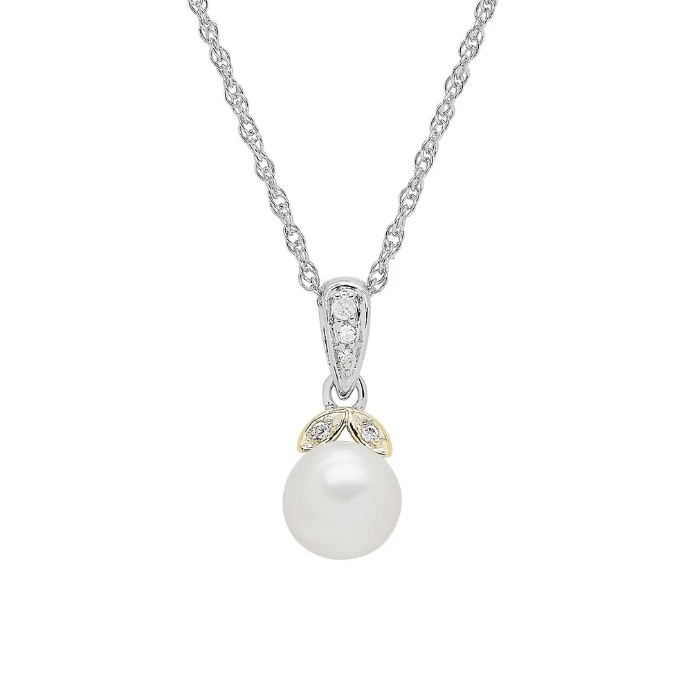 Sterling Silver, 14K Yellow Gold, 7MM Freshwater Pearl & 0.03 CT. T.W. Diamond Pendant Necklace