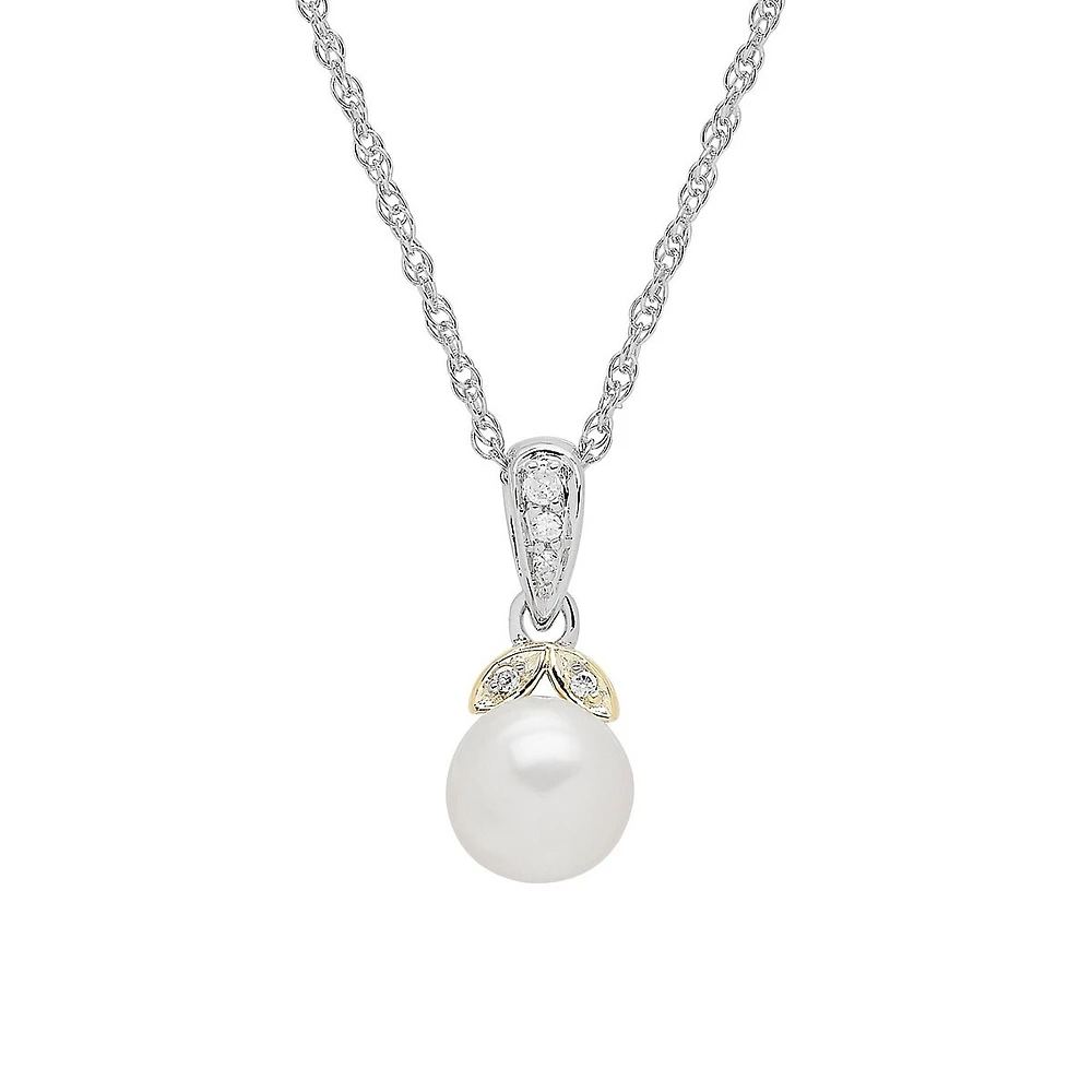 Sterling Silver, 14K Yellow Gold, 7MM Freshwater Pearl & 0.03 CT. T.W. Diamond Pendant Necklace