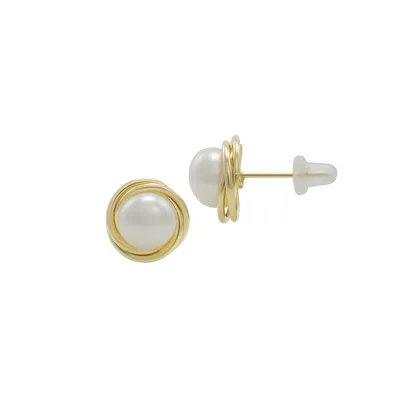 14K Yellow Gold & 7.75MM Freshwater Button Pearl Love Knot Earrings