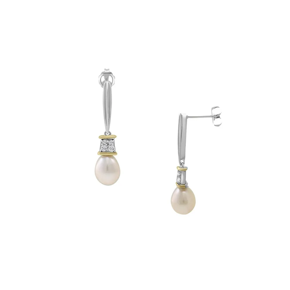 Sterling Silver, 14K Yellow Gold, 8MM Freshwater Cultured Pearl & White Topaz Drop Earrings