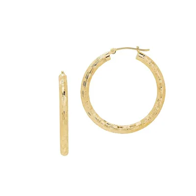 14K Yellow Gold Ribbed Checkered Hoop Earrings