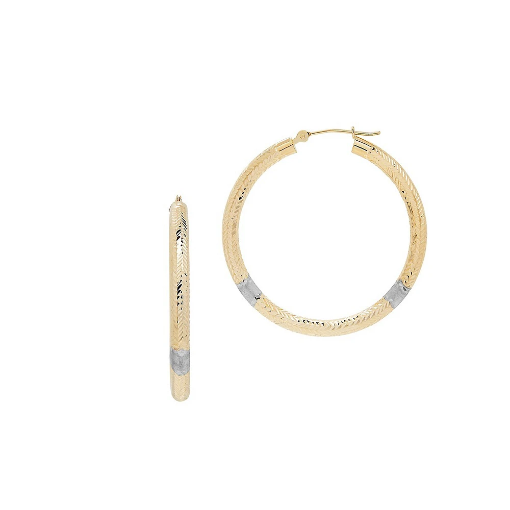 14K Yellow Gold & Rhodium-Plated Chevron Hoop Earrings