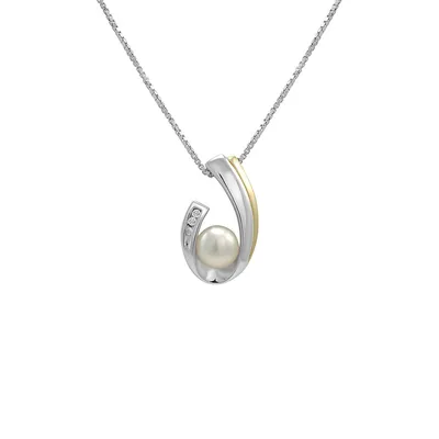 Sterling Silver, 14K Yellow Gold, 6MM Freshwater Pearl & 0.01 CT. T.W. Diamond Pendant Necklace