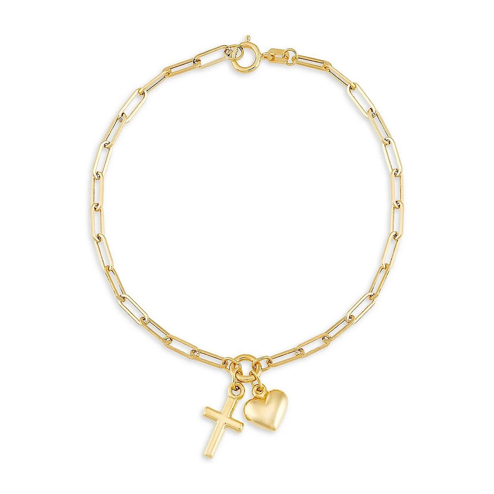 Bracelet en or jaune 10 ct à breloque cœur et croix et trombone