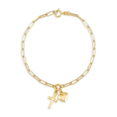 10K Yellow Gold Heart & Cross Charm Paperclip Bracelet