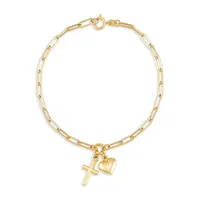 Bracelet en or jaune 10 ct à breloque cœur et croix et trombone