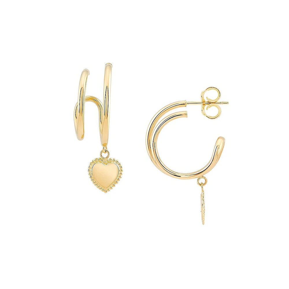 10K Yellow Gold Dangle Heart Hoop Earrings