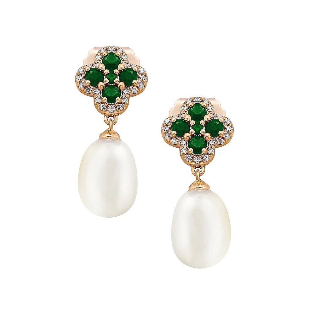 10K Yellow Gold, 0.16 CT. T.W. Diamond, 0.64 CT. T.W. Emerald & 8MM Freshwater Pearl Drop Earrings