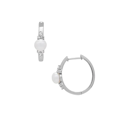 Sterling Silver, White Topaz & 7MM Freshwater Pearl Hoop Earrings