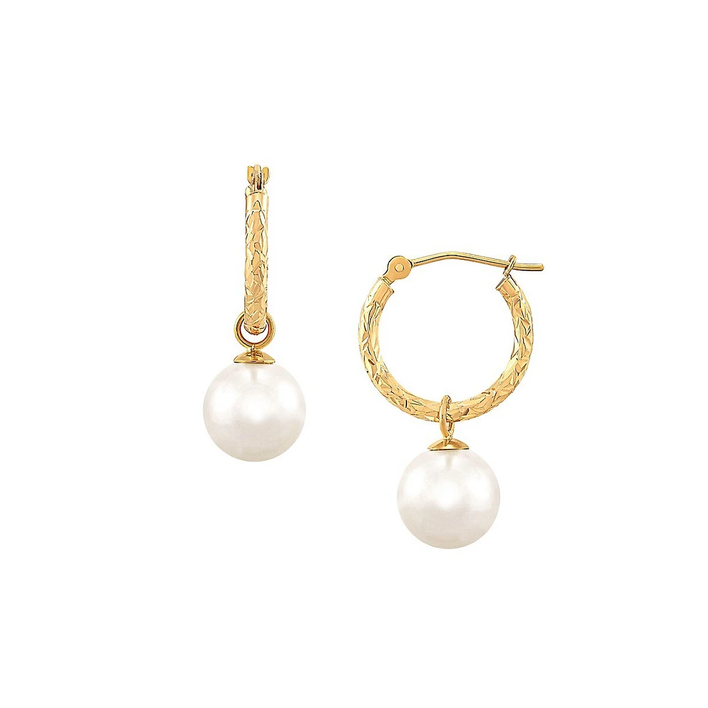 10K Yellow Gold & 9MM-9.5MM Freshwater Pearl Embossed Hoop Earrings