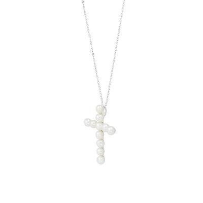 Sterling Silver & 4MM-4.5MM Freshwater Pearl Cross Pendant Necklace