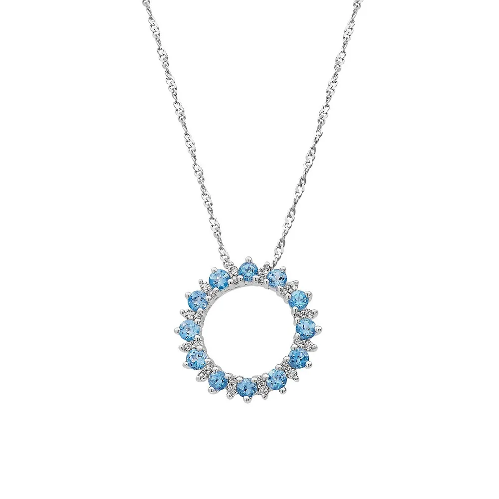 Sterling Silver, Blue Topaz & White Topaz Open-Circle Pendant Necklace