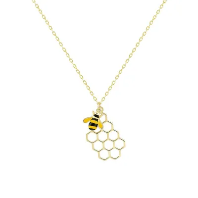 14K Yellow Gold & Enamel Bee & Honeycomb Pendant Necklace