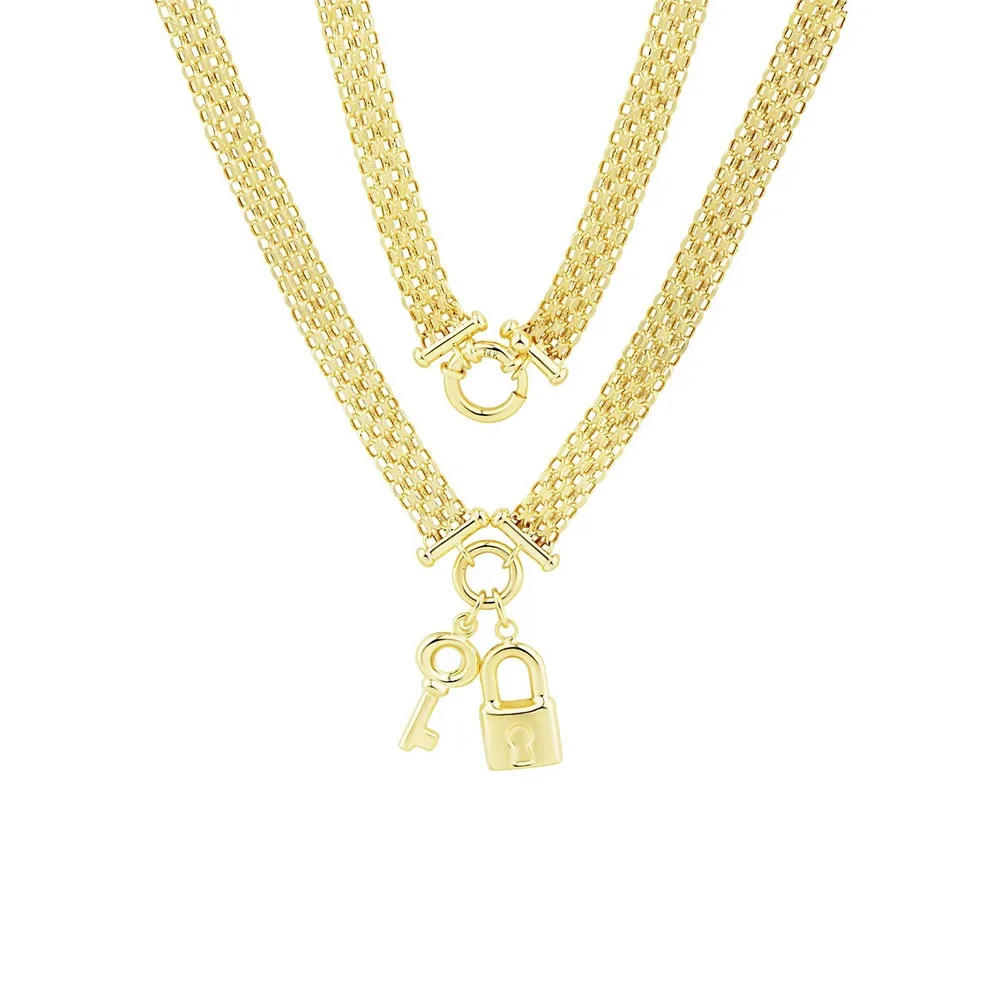 ​14K Yellow Gold Bismark Chain Lock & Key Pendant Necklace