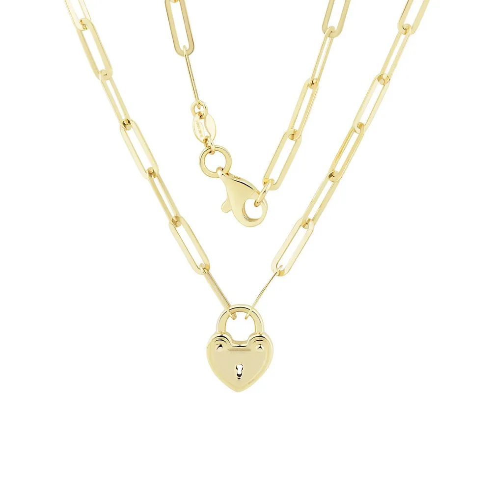 14K Yellow Gold Paperclip Chain & Heart Lock Pendant Necklace