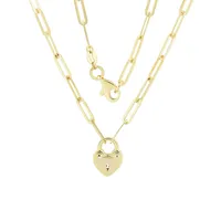 14K Yellow Gold Paperclip Chain & Heart Lock Pendant Necklace