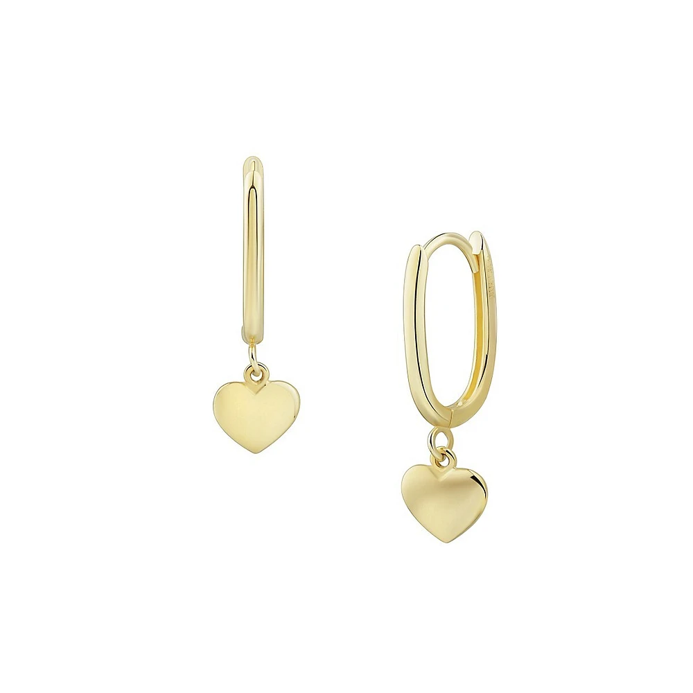 14K Yellow Gold Heart Drop Huggie Hoop Earrings